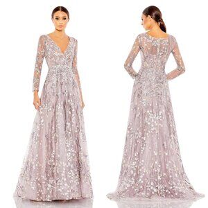 MAC DUGGAL | EMBELLISHED WRAP OVER ILLUSION LONG SLEEVE A LINE GOWN #20402